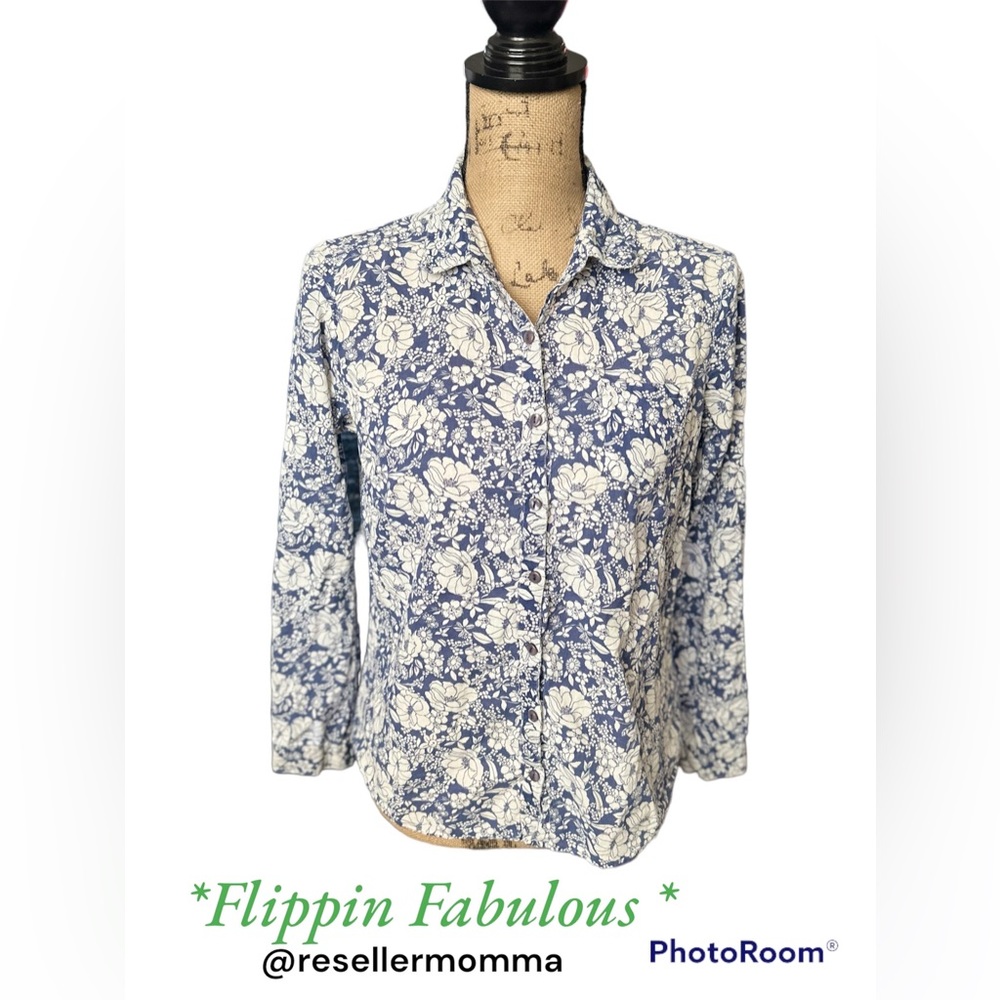 Honey~ Blue Floral Button Down Shirt Size L